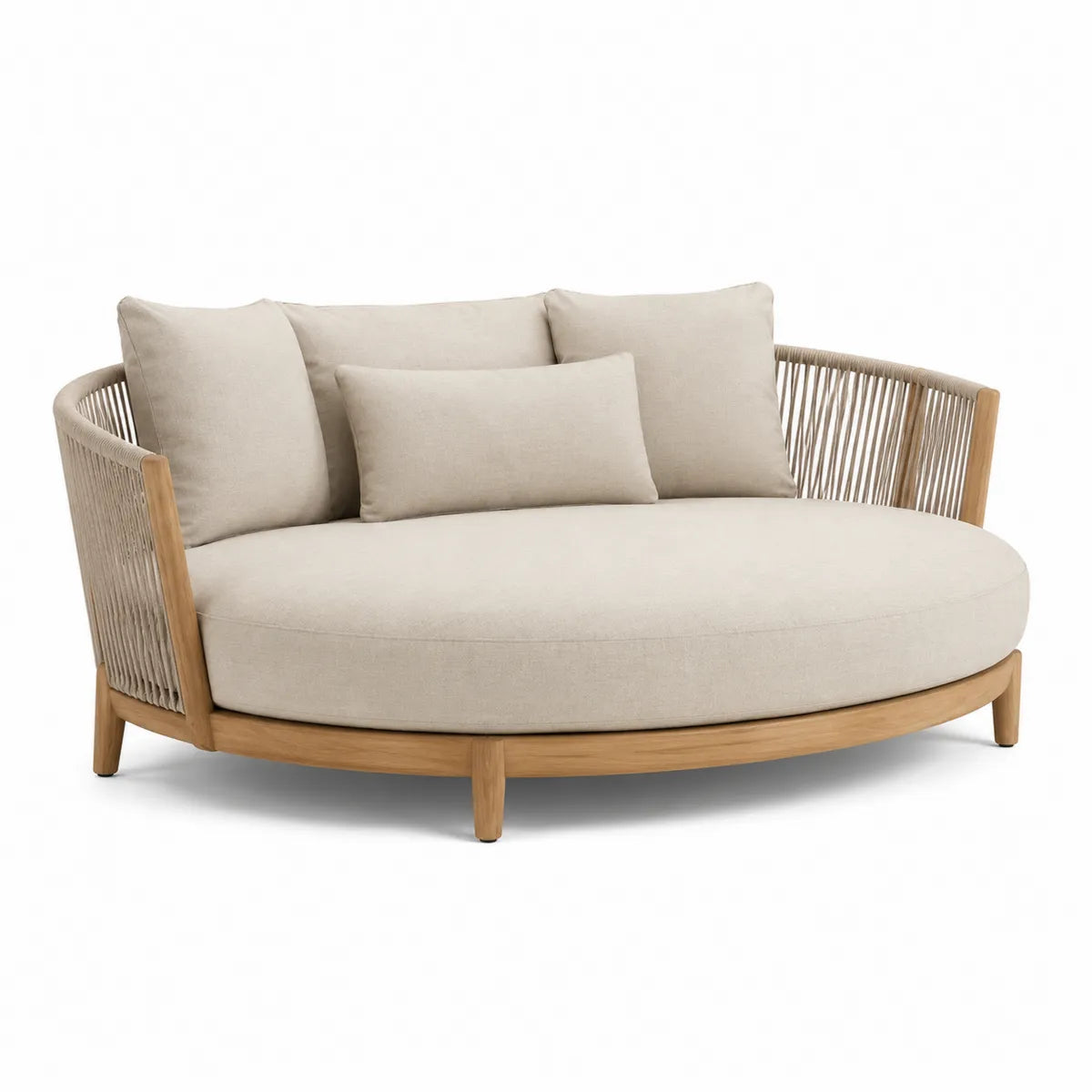 Owalna sofa z drewna akacjowego z beżowymi poduszkami