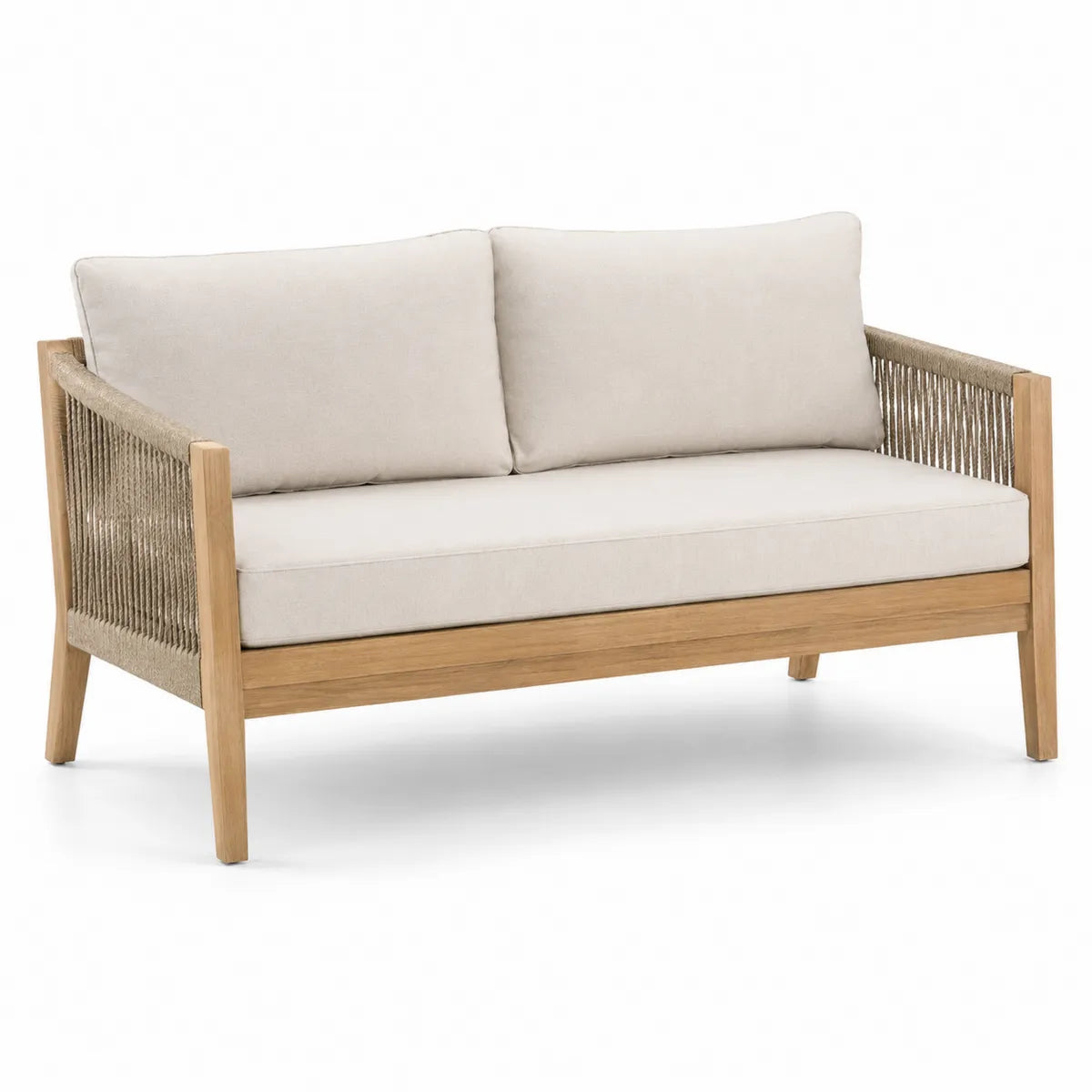 Sofa z drewna tekowego z beżowymi poduszkami