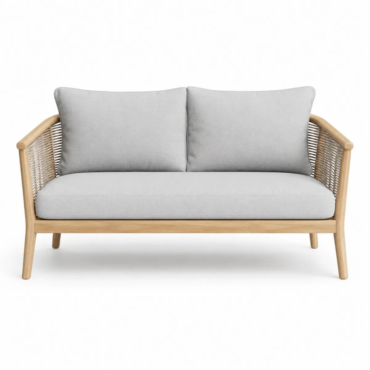 Sofa dwuosobowa z drewna teak i tkaniny poliestrowej, szara, 140 cm