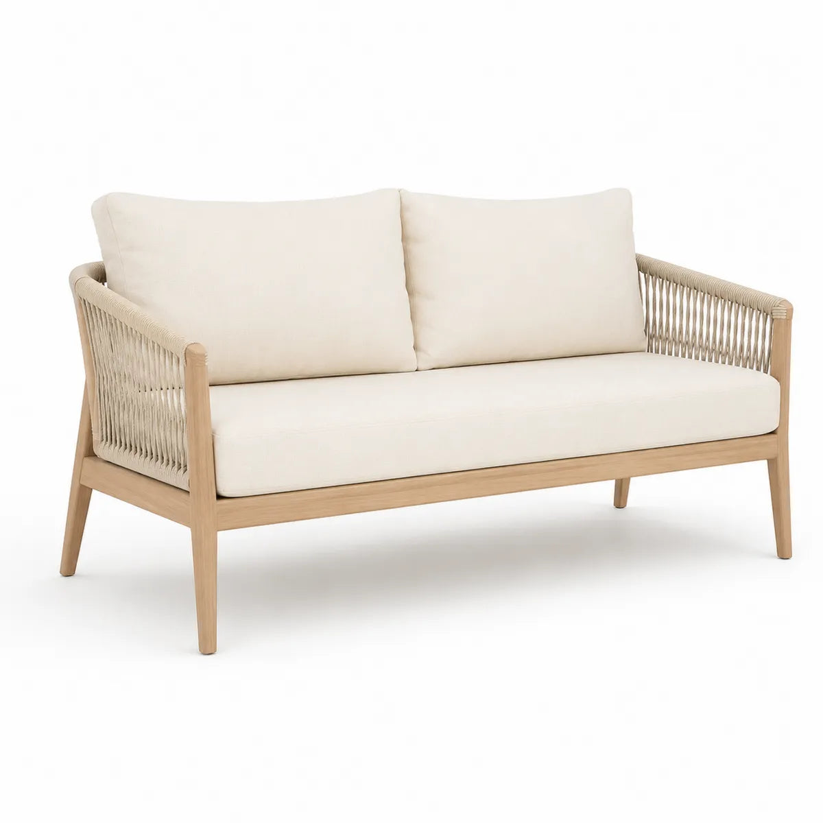 Beżowa sofa dwuosobowa z drewna akacjowego