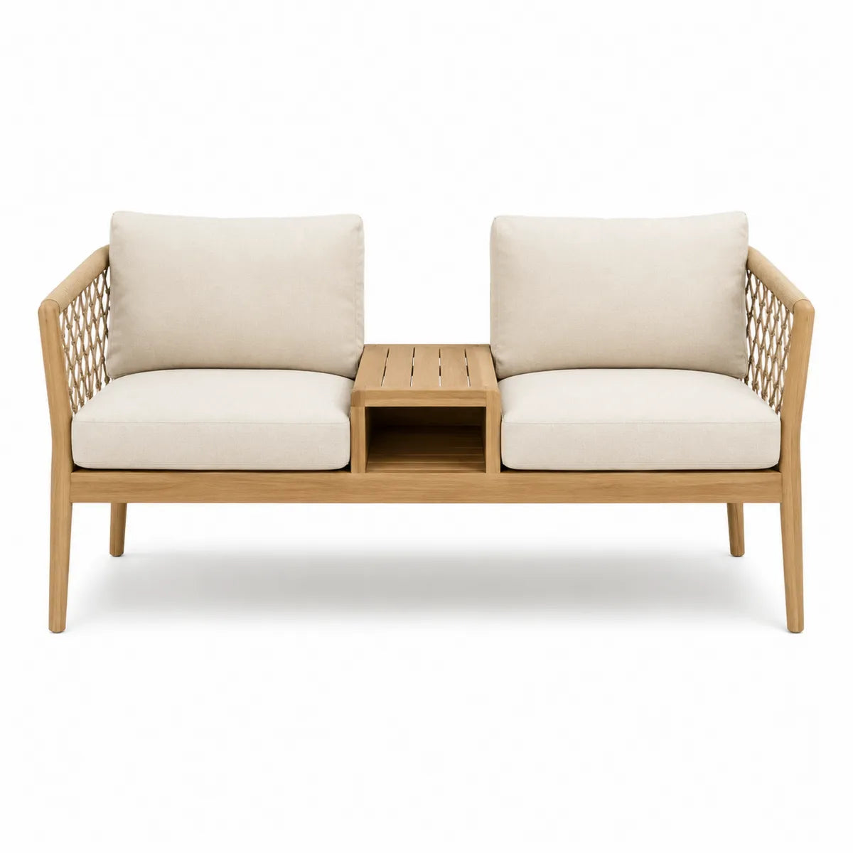 Podwójna sofa ogrodowa z drewna teakowego z bawełnianymi poduszkami, beżowy