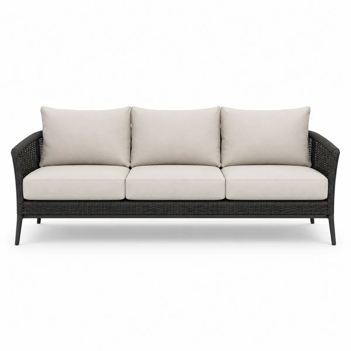 Sofa ogrodowa 3-osobowa z technorattanu, jasnobeżowa tkanina, 200 cm