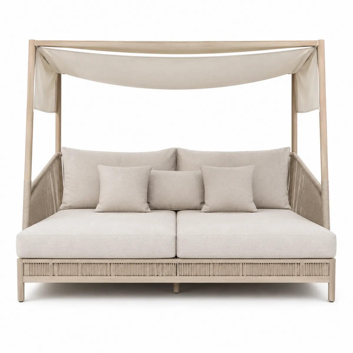 Sofa ogrodowa z baldachimem drewniana, tkanina lniana beżowa