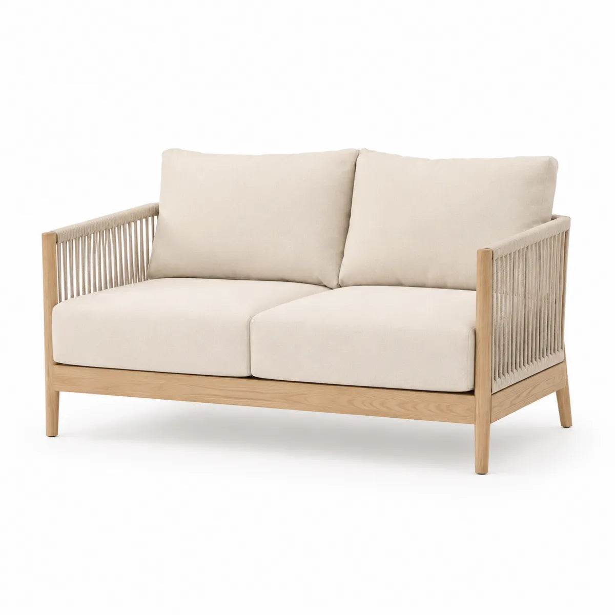 Dwuosobowa sofa z drewna teak z beżowymi poduszkami poliestrowymi 140cm