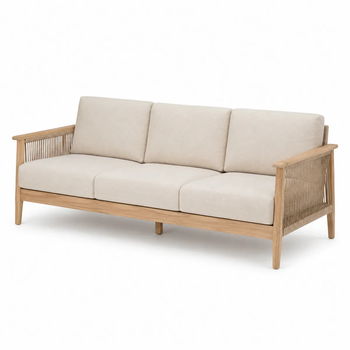 Beżowa sofa ogrodowa trzyosobowa drewno teak poliestrowa tkanina