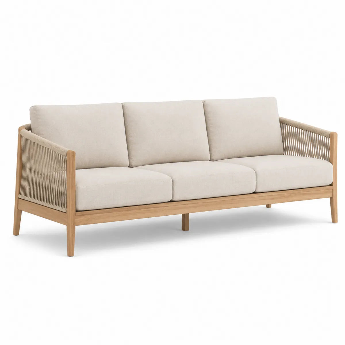3-osobowa sofa beżowa z tkaniny i drewna tekowego 220 cm