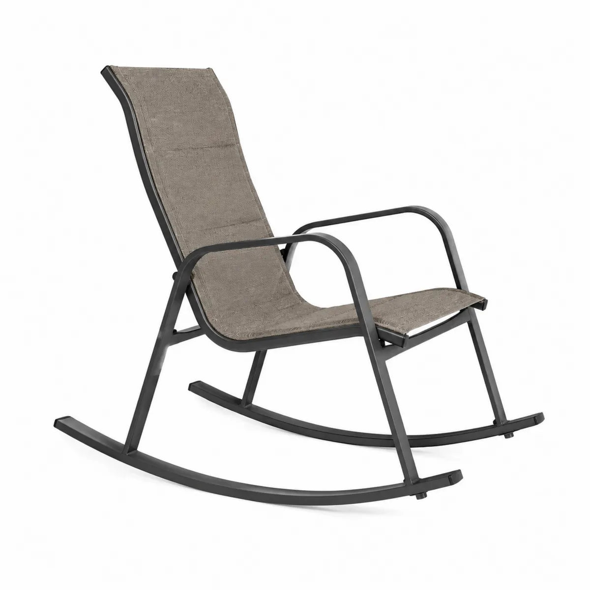 Ogrodowe krzesło bujane z metalu i tekstylenu, szare