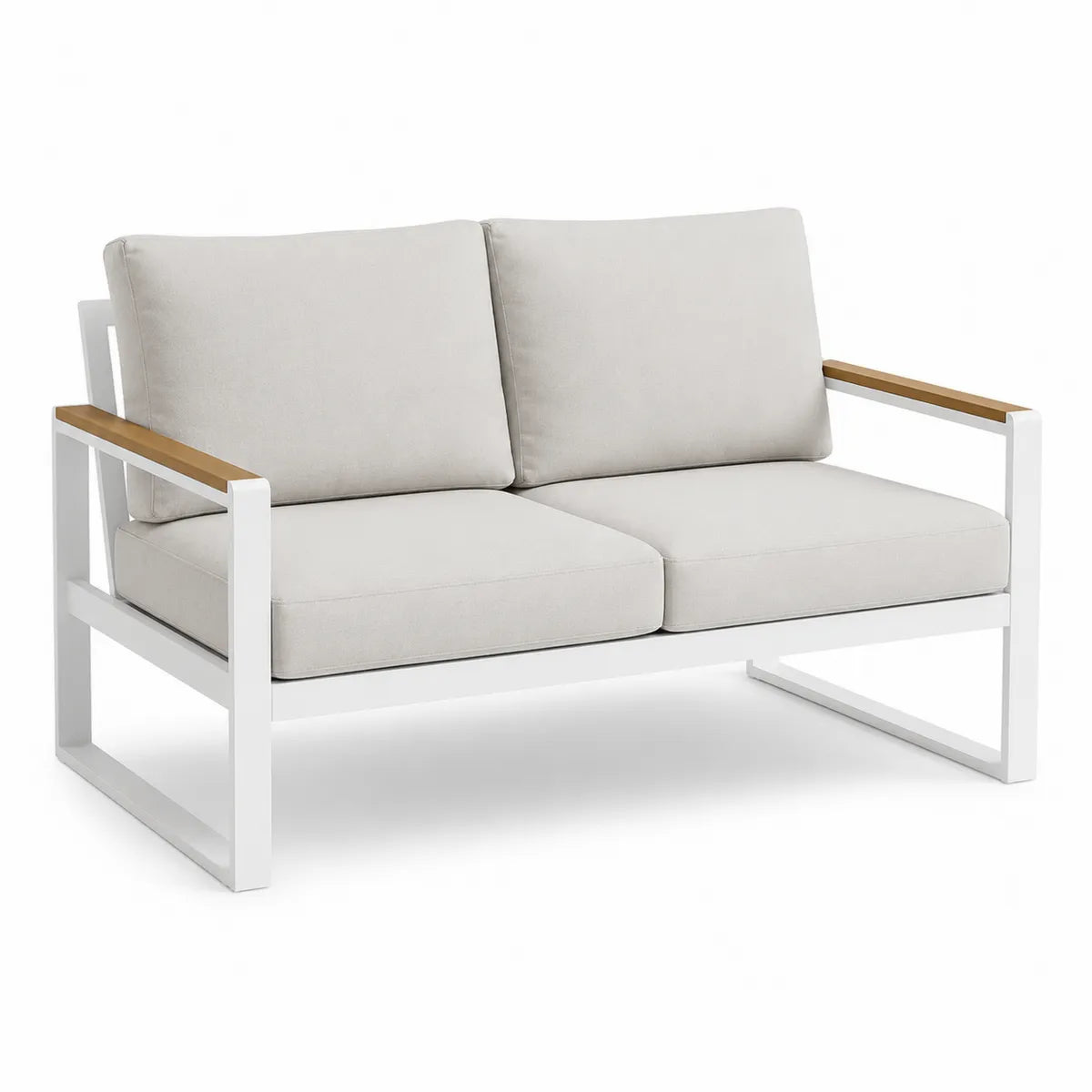 Sofa dwuosobowa z aluminiową ramą i beżowymi poduszkami