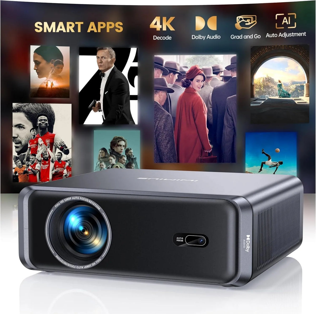 Projektor, 900 ANSI, Full HD, 1080P, sterowanie WiFi, łączność Bluetooth, Mini projektor 4K z oficjalnym Netflix, Dolby Audio, 900 ANSI Auto Focus/6D