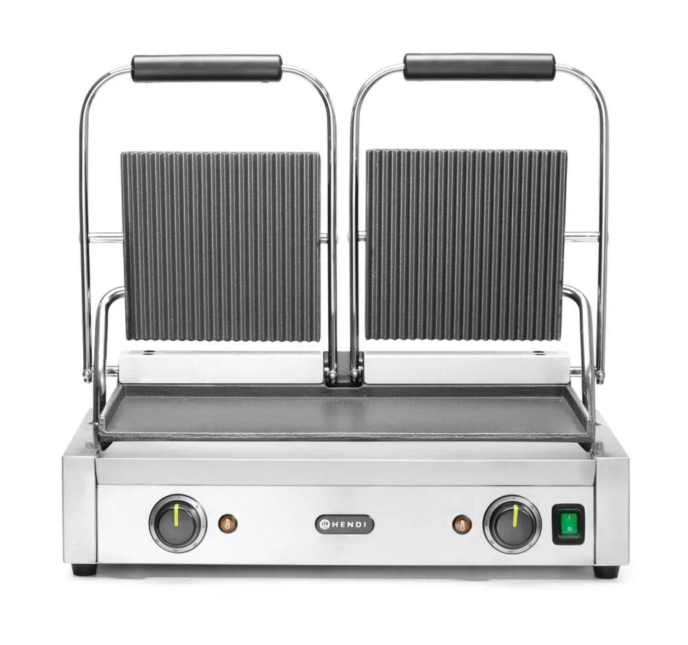 HENDI grill elektryczny, Kontakt grill Podwójne płyty elektryczne, gładkie i błyszczące, do profesjonalnego talerza Panini, 230 V, 3600 W, 570x375x, Stal, 216