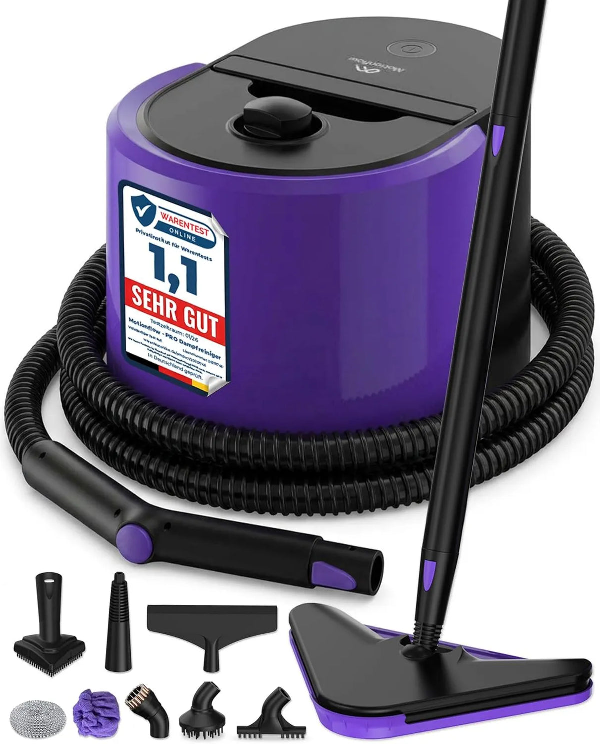 Motionflow myjka parowa, Czyszczenie parowe, 1500 W, stal nierdzewna, wykorzystanie podłogi, kuchnia, samochód, okna i sofa, szczotka parowa z 16 akcesoriami