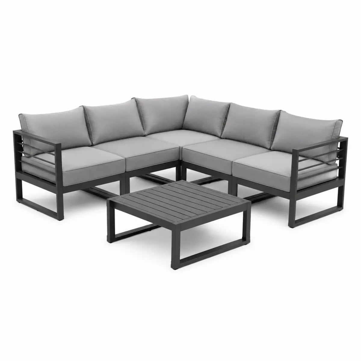 Aluminiowy zestaw mebli z szarymi poduszkami