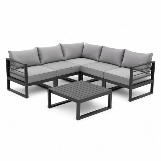 Aluminiowy zestaw mebli z szarymi poduszkami