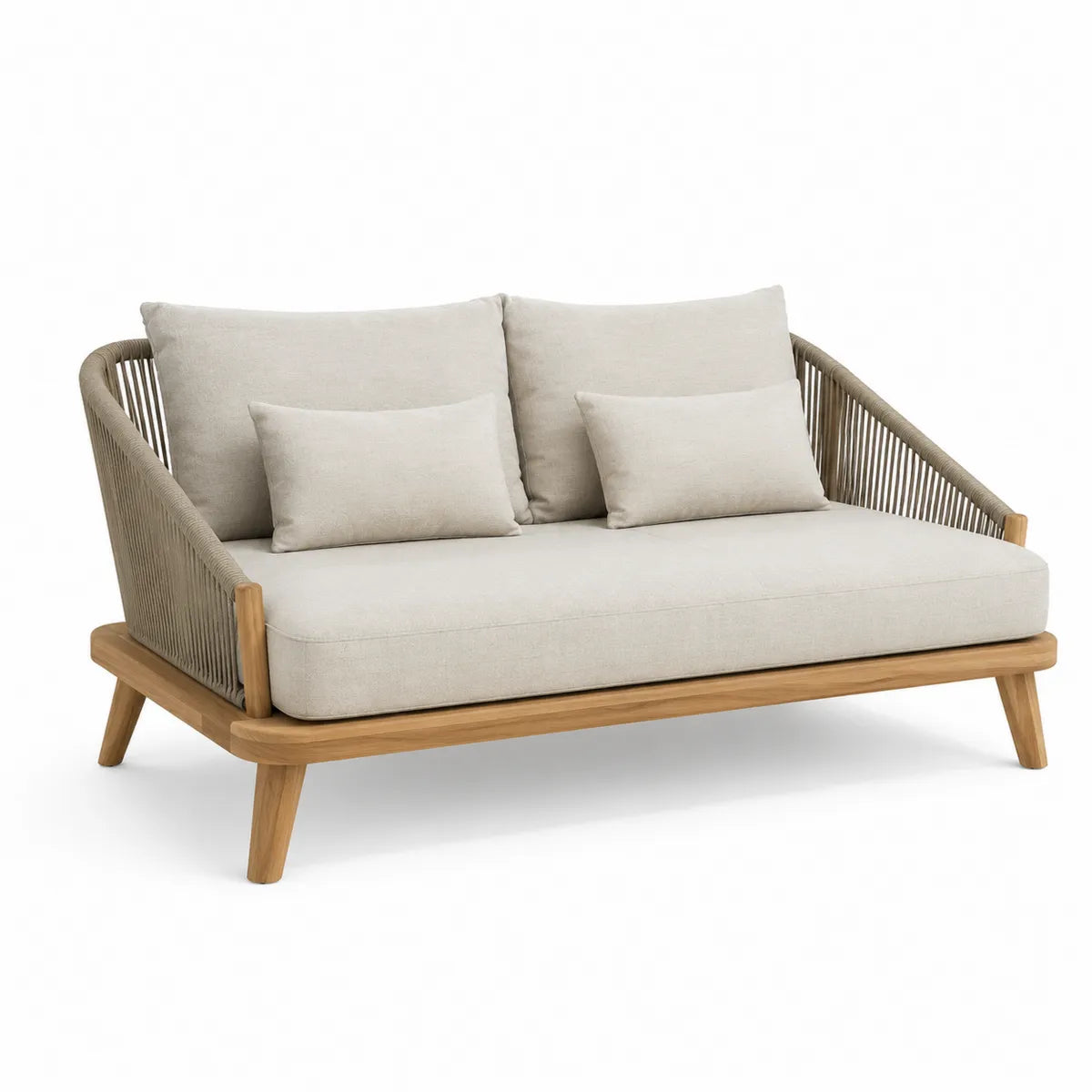 Sofa z drewna tekowego z poduszkami z tkaniny