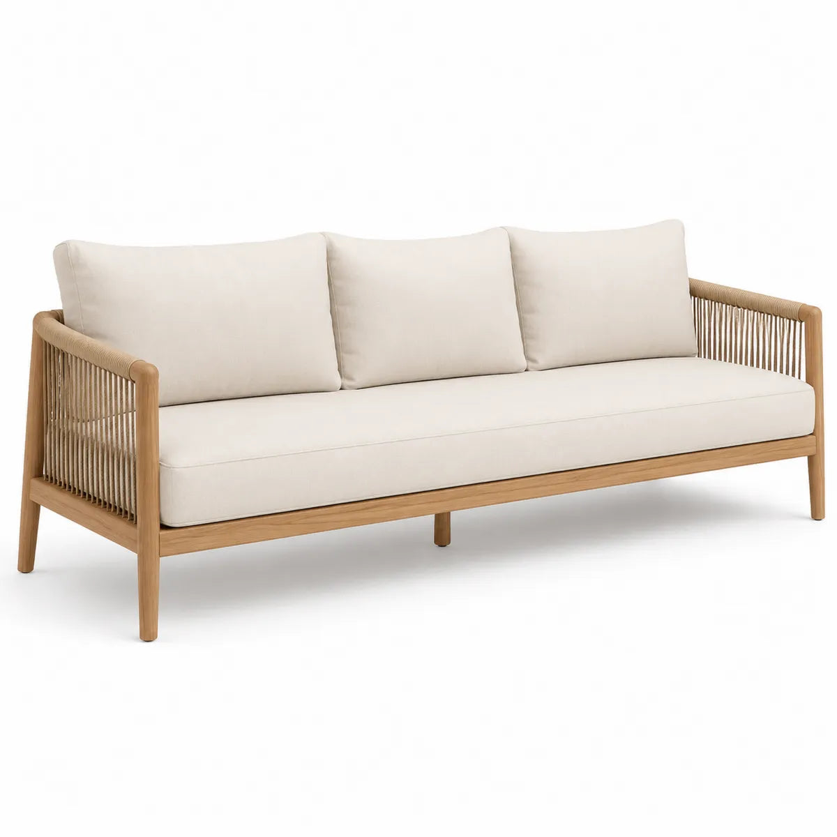 Sofa 3-osobowa z drewna tekowego z beżowymi poduszkami