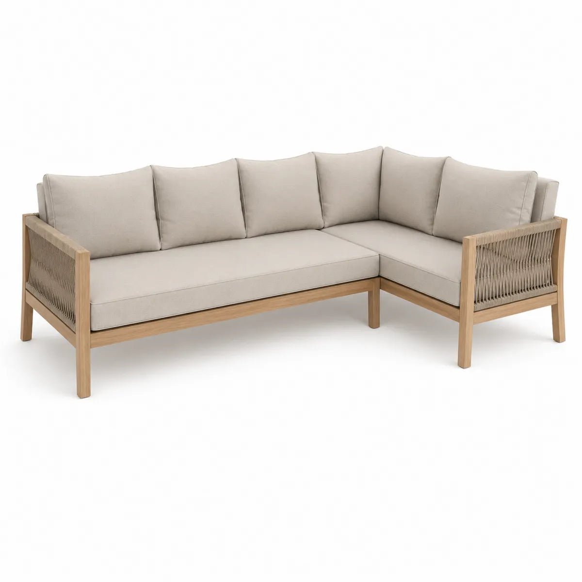 Sofa narożna z drewna tekowego z beżowymi poduszkami