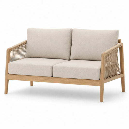 Dwuosobowa sofa ogrodowa beżowa tkanina poliester drewno dębowe