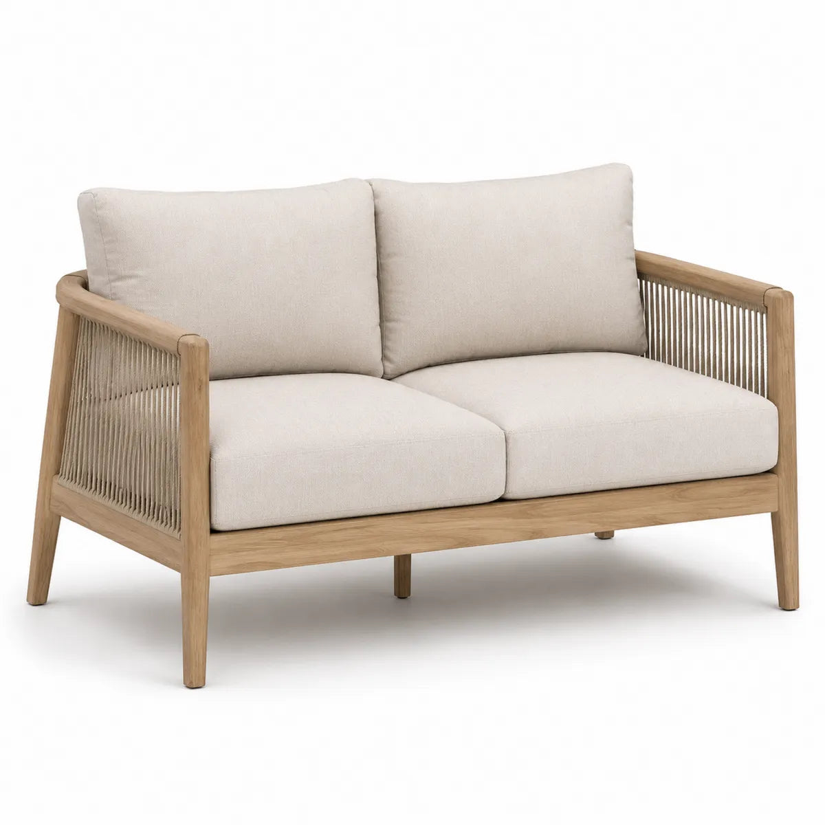 Dwuosobowa sofa z drewna teakowego i liny, beżowa