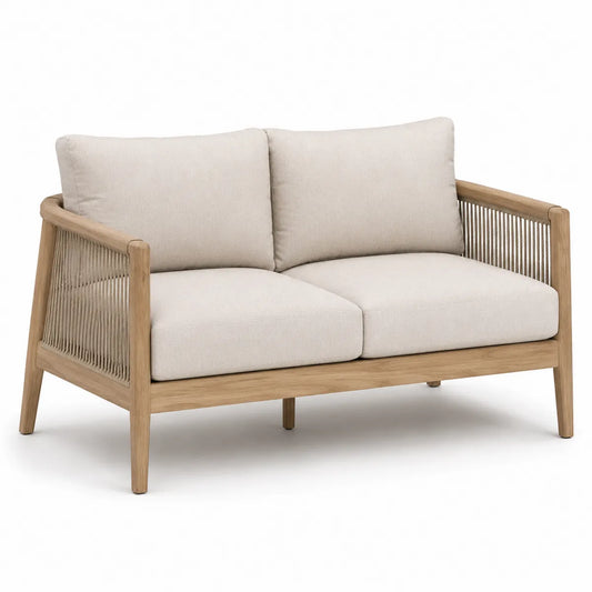 Dwuosobowa sofa z drewna teakowego i liny, beżowa