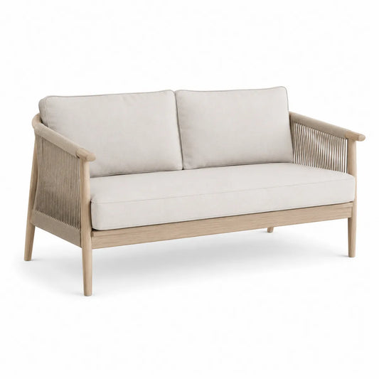 Dwuosobowa sofa z drewna i liny, beżowa