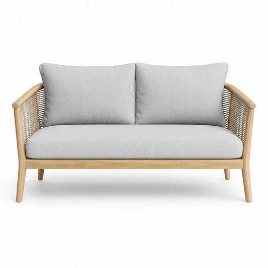 Sofa dwuosobowa z drewna teak i tkaniny poliestrowej, szara, 140 cm