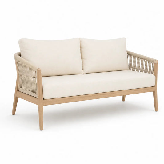 Beżowa sofa dwuosobowa z drewna akacjowego