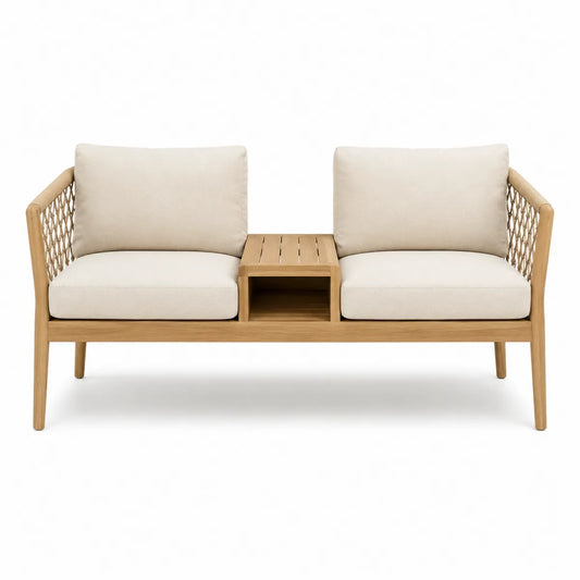 Podwójna sofa ogrodowa z drewna teakowego z bawełnianymi poduszkami, beżowy