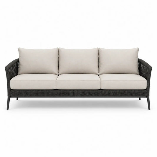 Sofa ogrodowa 3-osobowa z technorattanu, jasnobeżowa tkanina, 200 cm