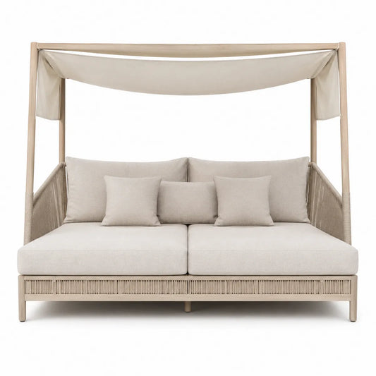 Sofa ogrodowa z baldachimem drewniana, tkanina lniana beżowa