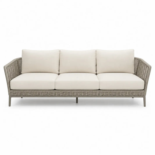 Sofa ogrodowa 3-osobowa z beżową tkaniną i aluminiową ramą