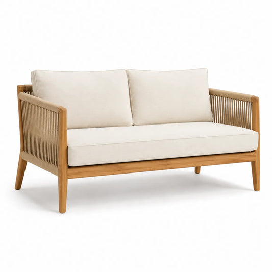 Drewniana sofa dwuosobowa z eukaliptusa z poduszkami, beżowa