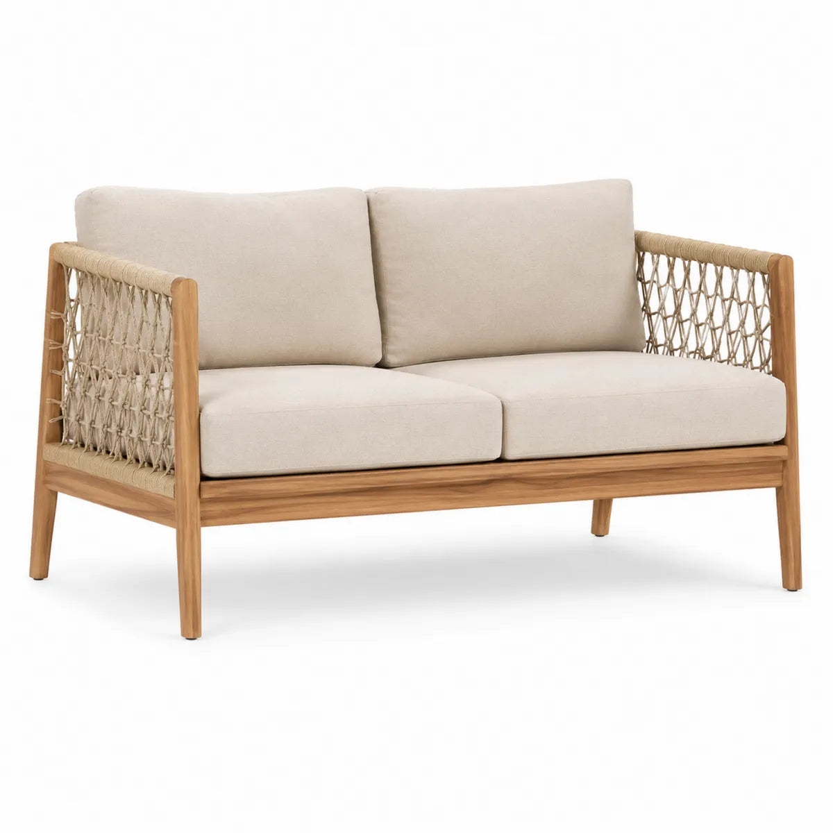 Sofa z drewna tekowego i liny plecionej, beżowa
