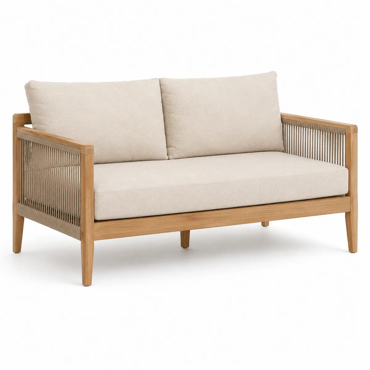 Sofa ogrodowa z drewnianą ramą i beżowymi poduszkami 130x75x70 cm