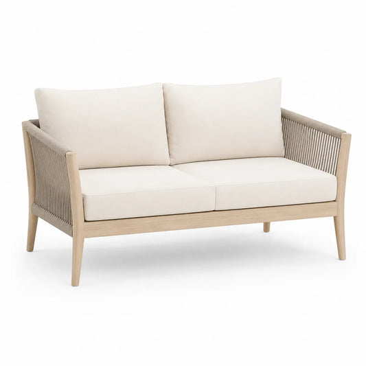 Dwuosobowa sofa z drewna tekowego z tkaniną akrylową beżowa