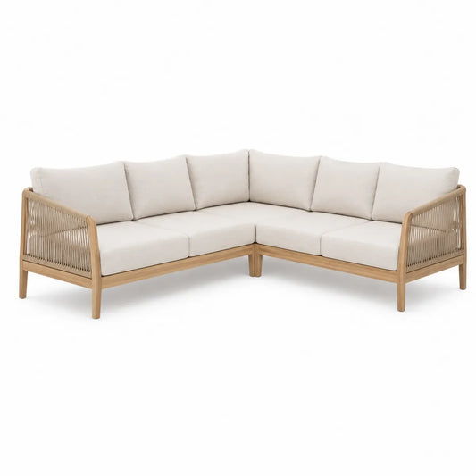 Narożna sofa ogrodowa z drewna tekowego i beżowej tkaniny 250x250x85 cm