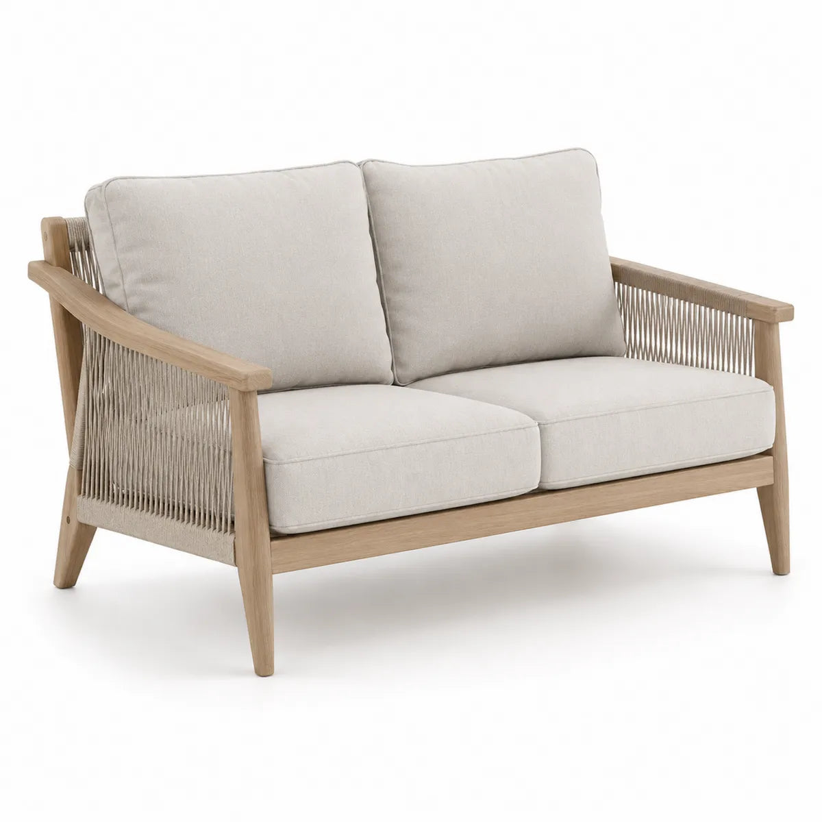 Dwuosobowa sofa z drewna tekowego i bawełny, szara 140 cm