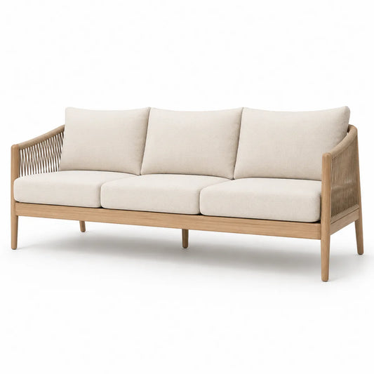 Sofa ogrodowa 3-osobowa z drewna teak i lnu