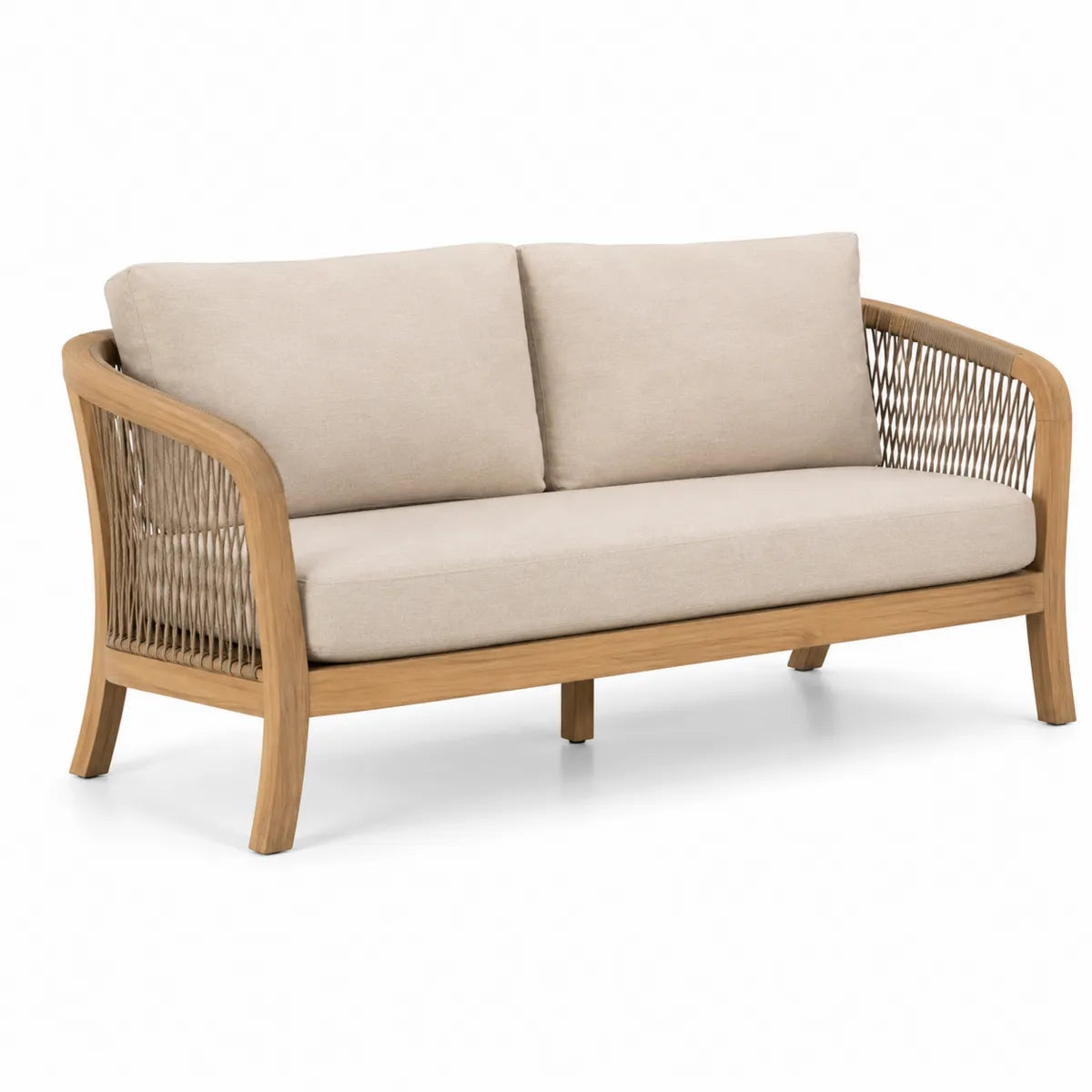 Dwuosobowa sofa z drewna tekowego i poliestru, beżowa, 150 cm