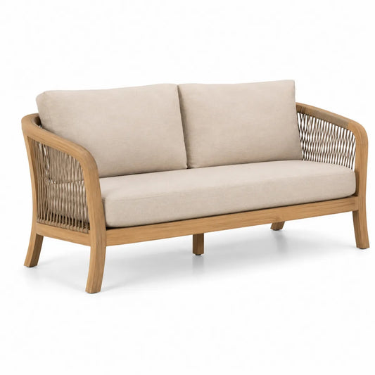 Dwuosobowa sofa z drewna tekowego i poliestru, beżowa, 150 cm