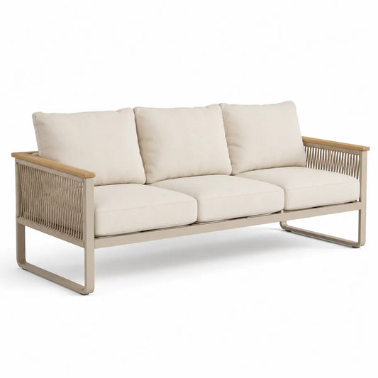 Sofa ogrodowa 3-osobowa beżowa aluminium i teak