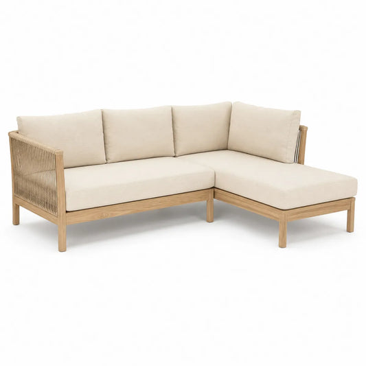 Drewniana narożna sofa z poduszkami beżowa 200x140x75 cm