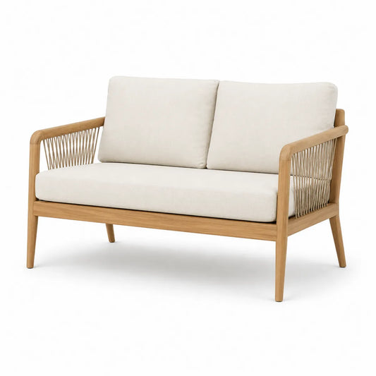 Dwuosobowa sofa drewniana z tkaniną poliestrową 130x70x75 cm