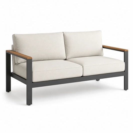 2-osobowa sofa ogrodowa aluminiowa z drewnianymi elementami, beżowa