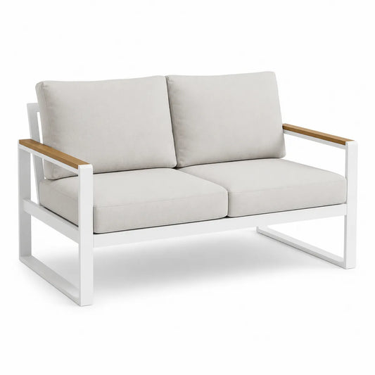 Sofa dwuosobowa z aluminiową ramą i beżowymi poduszkami