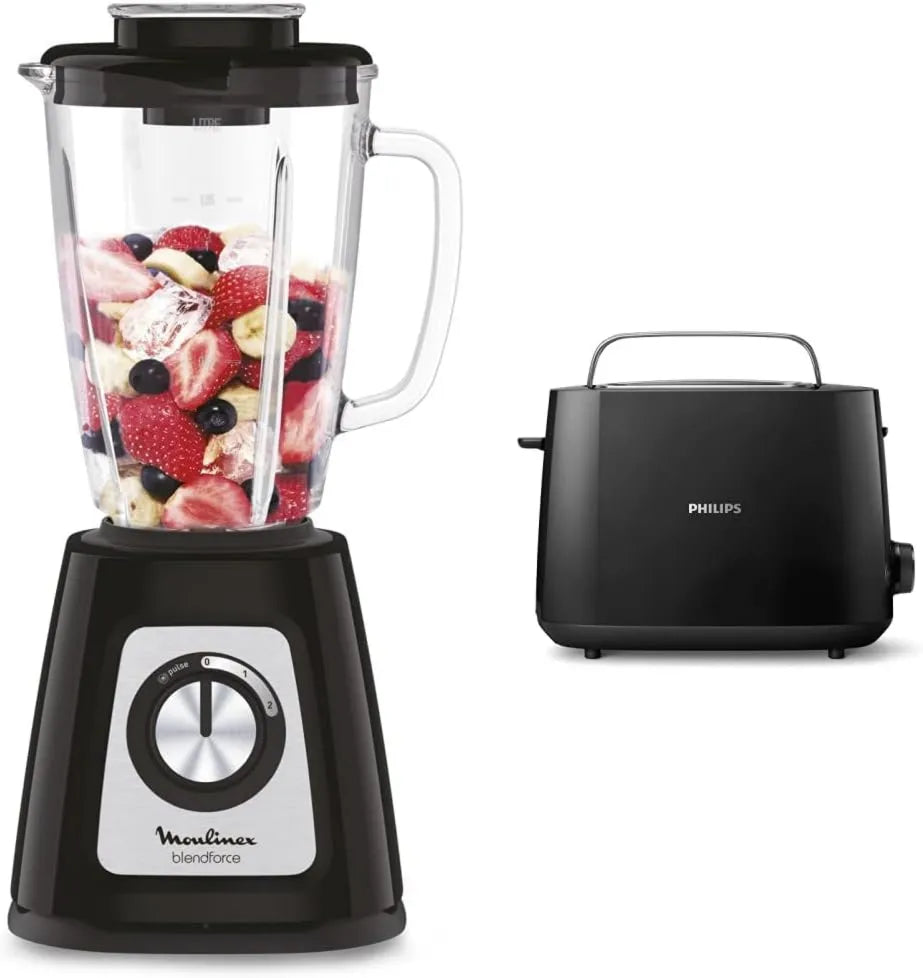 Moulinex blender kielichowy, Blender, 1, 75 l, 800 W, grill, płyta IPS, młyn do ziaren & Philips Toaster, Miska szklana 1, 2 szczeliny, 8 Ustawienia