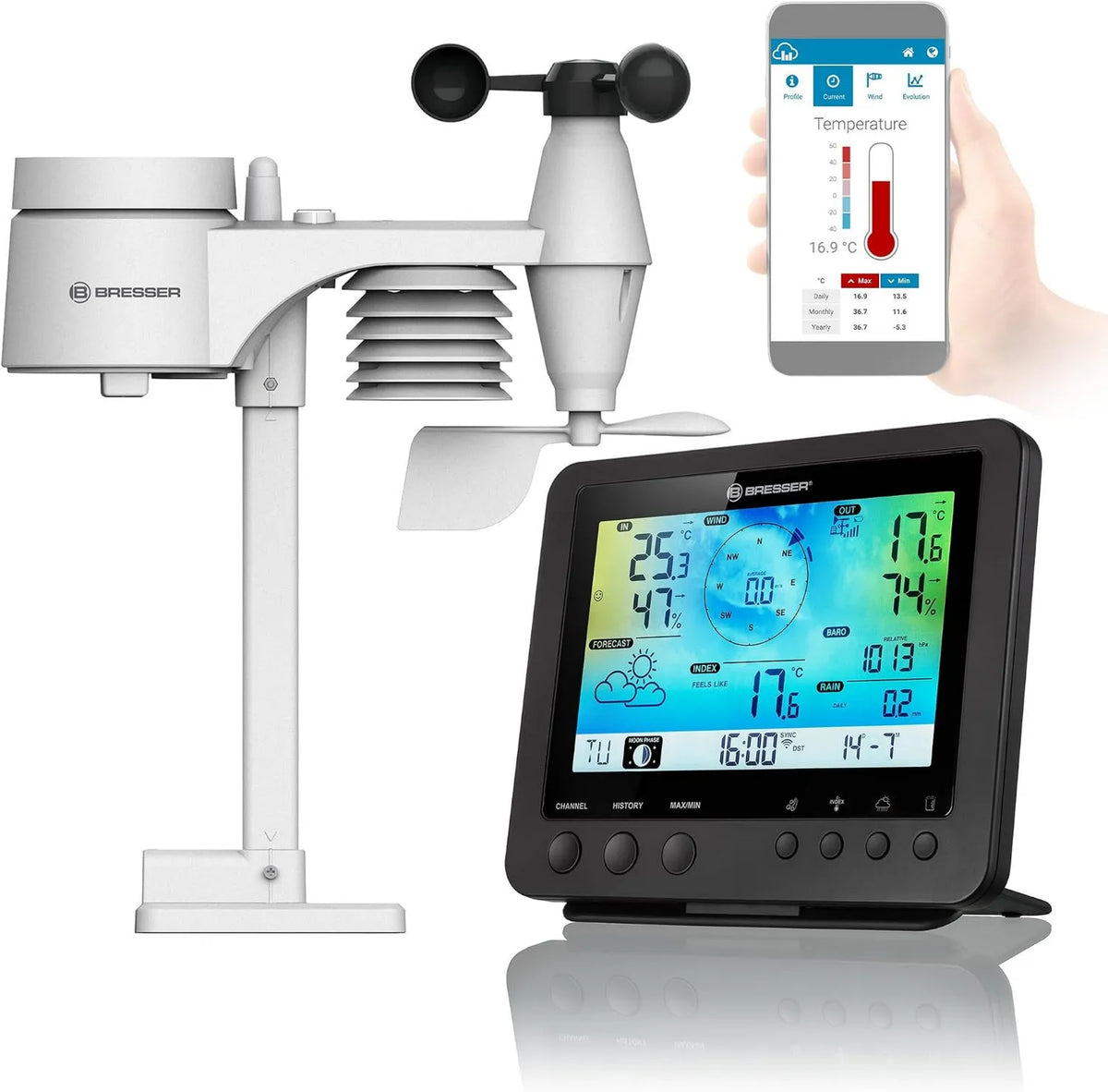 BRESSER, Stacja, bezprzewodowa stacja meteorologiczna, WiFi, profesjonalny, czarny