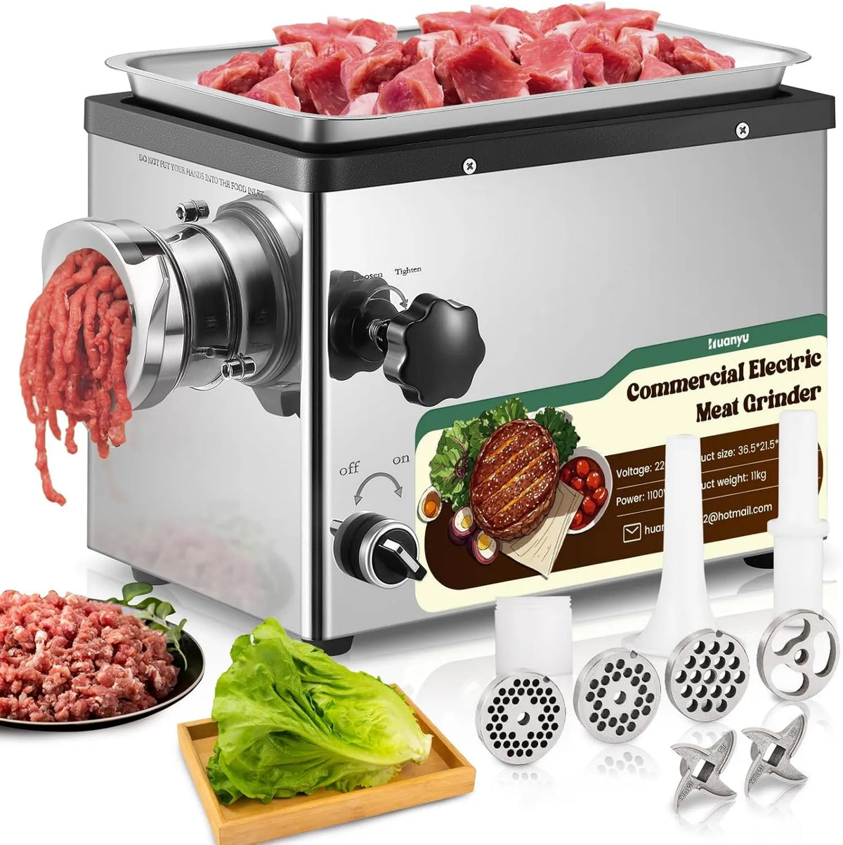 Huanyu maszynka do mięsa, elektryczny Hocker Meat Hocker elektryczny Commercial 1100 W Wielofunkcyjny Meat Hocker z kiełbasianą Pusher elektryczny Hocker