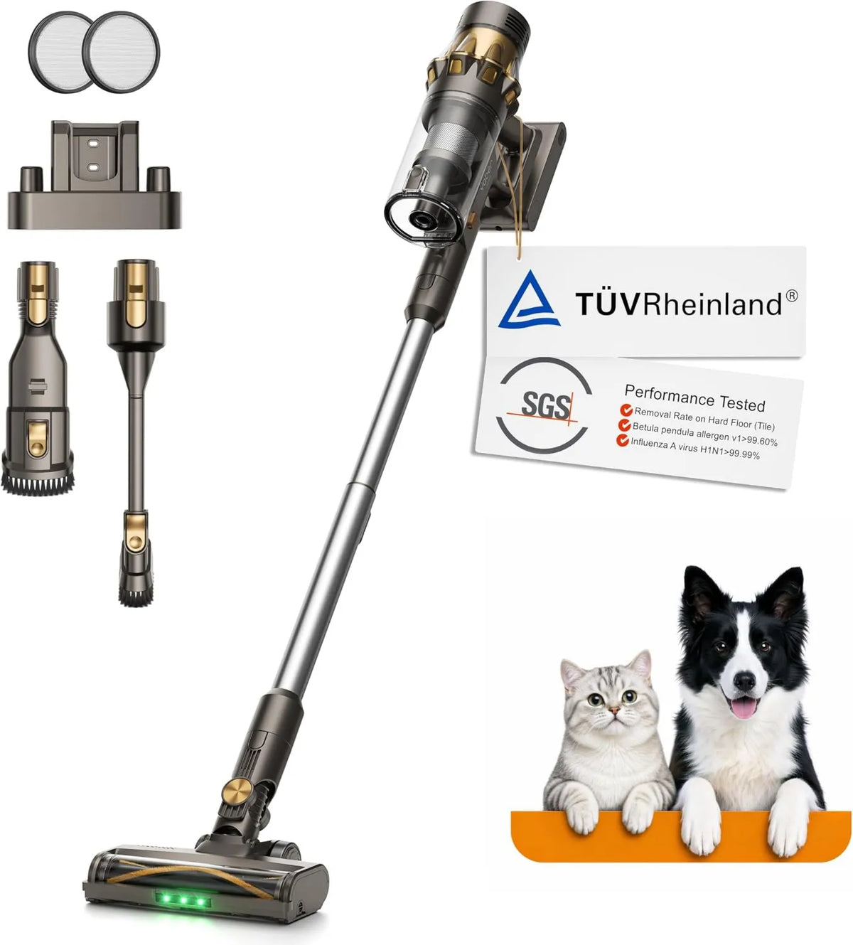 Yaber Home odkurzacz pionowy, Odkurzacz HP20 H13, montaż ścienny, samodzielny, zielony LED, 180 AW, wykrywanie pyłu AI, filtr HEPA