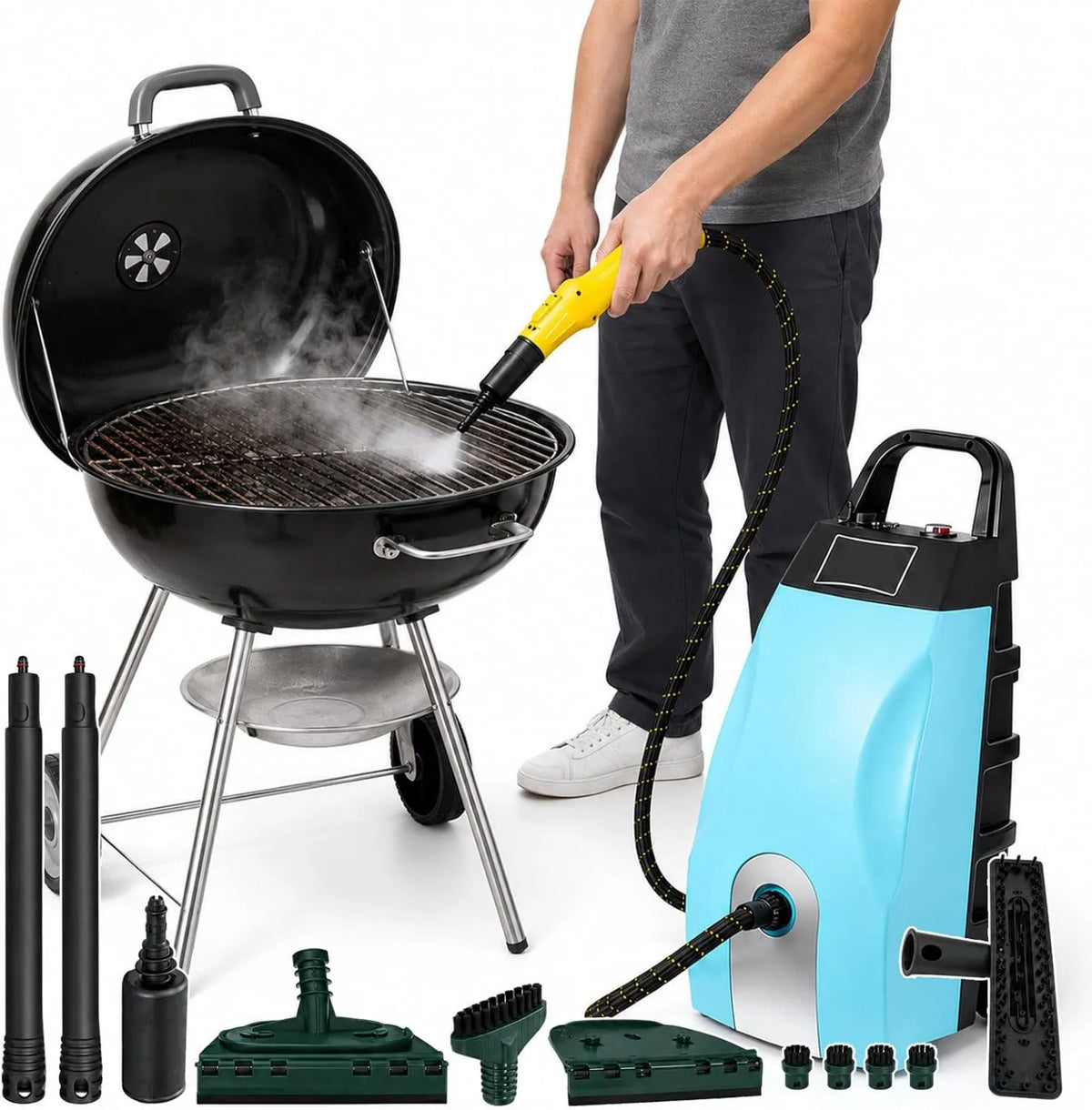 agreilduite myjka parowa, Czyszczenie parowe, 3000 W, grill, korzystanie z podłogi, kuchnia, samochód, okna i kanapa, niebieski, 4- 5 Bar, grille, 9 akcesoriów: dysze, regulowana para parowa