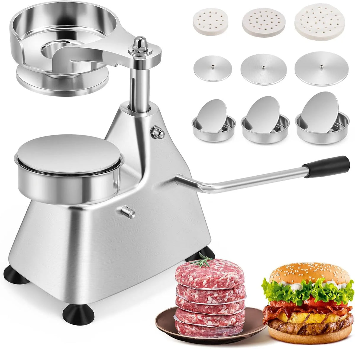 Moongiantgo, 3- in-1 10 / 13 / 15 CM Burger maszyna, Prasa, 15 CM, do użytku na zewnątrz, profesjonalny, Restauracja, Stal nierdzewna, 3 Płyty, 3 w 1 10/13/15 CM